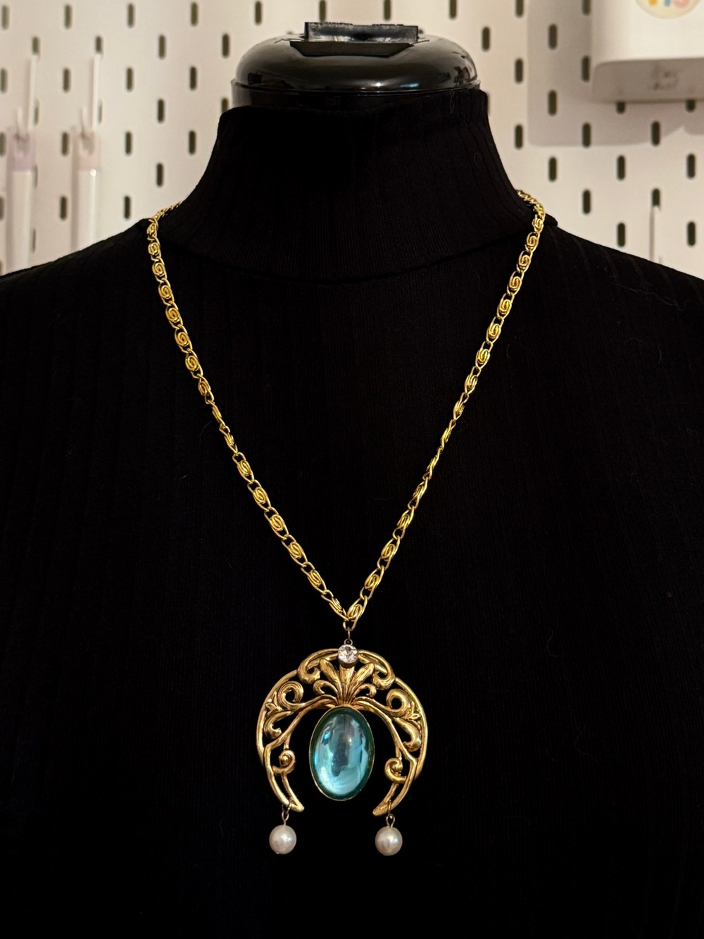 Gold-Tone Blue Pendant Necklace with Pearls - Women Jewelry